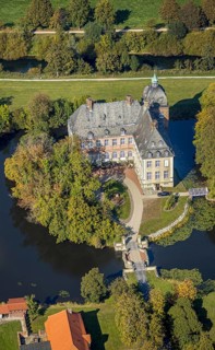 Aerial view, moated castle Hovestadt, baroque garden, Hovestadt, Lippetal, Soest district, North