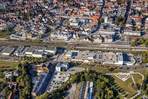 Aerial view, aerial view Lippstadt south, main station, Konrad-Adenauer-Ring, Lippstadt, district