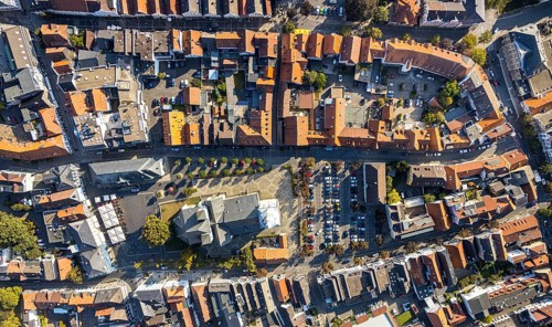 Aerial view, Old Town, evang. Große Marienkirche, Rathausstraße, Rathausplatz, Lippstadt, Kreis