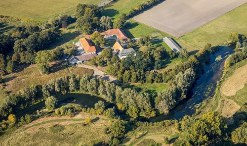 Aerial view, nature reserve Lippeaue, river Lippe, estate Göttinger Straße, farm, Liesborn,