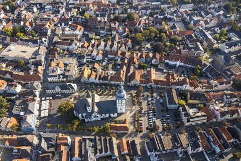 Aerial view, Old Town, evang. Große Marienkirche, Rathausstraße, Rathaus, Rathausplatz, Lippstadt,