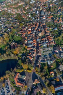 Aerial view, town hall Schermbeck, Weseler Straße, town view, Schermbeck, Ruhr area, North