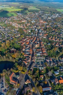 Aerial view, town hall Schermbeck, Weseler Straße, town view, Schermbeck, Ruhr area, North
