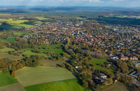 Aerial view, town view, town hall Schermbeck, Weseler Straße, Schermbeck, Ruhr area, North
