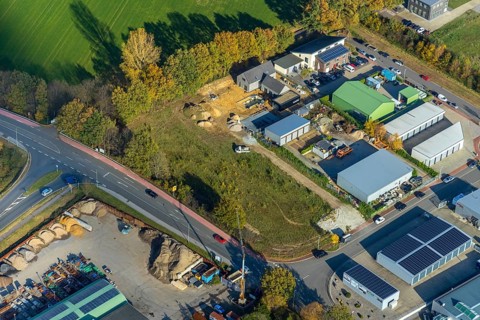 Aerial view, construction site Hufenkampweg, industrial estate Heetwinkel, Altschermbeck,