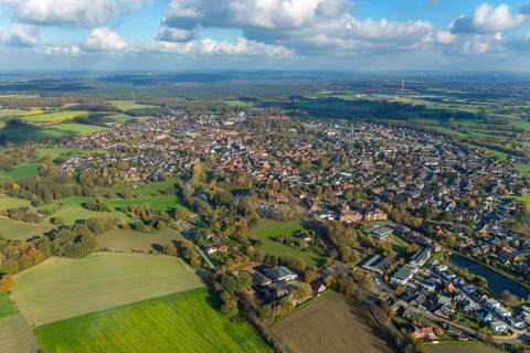 Aerial view, town view, town hall Schermbeck, Weseler Straße, Schermbeck, Ruhr area, North