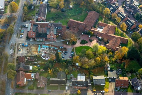 Aerial view, construction site at the Caritas retirement home and care facility Marienheim,