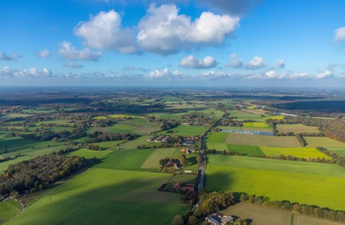 Aerial view, farms, meadows and fields, Erler Straße, Altschermbeck, Schermbeck, Ruhr area, North