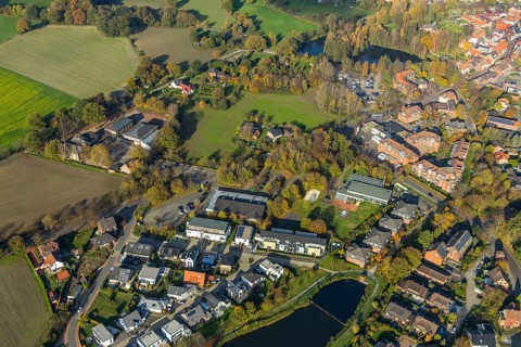 Aerial view, indoor swimming pool, shopping centre, Schermbeck, Ruhr area, North Rhine-Westphalia,