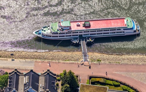 Aerial view, excursion boat pier Rees, Rhine promenade, Rees, Lower Rhine, North Rhine-Westphalia,