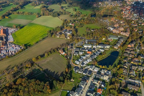 Aerial view, indoor swimming pool, shopping centre, Schermbeck, Ruhr area, North Rhine-Westphalia,