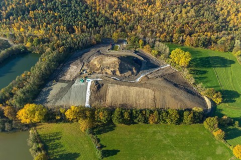 Aerial view, nature reserve Steinbach, slag heap and pond, Gahlen, Schermbeck, Ruhr area, North