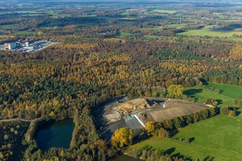 Aerial view, nature reserve Steinbach, slag heap and pond, Gahlen, Schermbeck, Ruhr area, North