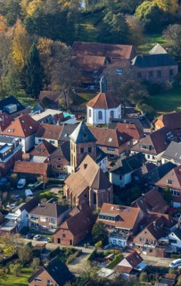 Aerial view, evang. Georgskirche Schermbeck, former reformed church (round building), Schermbeck,