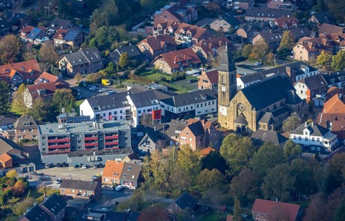 Aerial view, catholic St. Ludgerus church, Altschermbeck, Schermbeck, Ruhr area, North