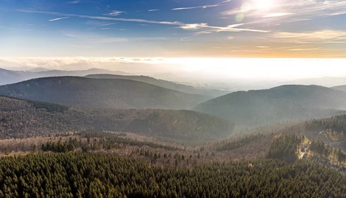 Aerial view, forest hilly landscape in fog, Rimberg, Fredeburg, Schmallenberg, Sauerland, North