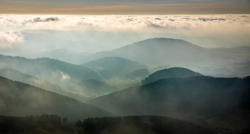 Aerial view, fog in hilly landscape, Oberkirchen, Schmallenberg, Sauerland, North Rhine-Westphalia,