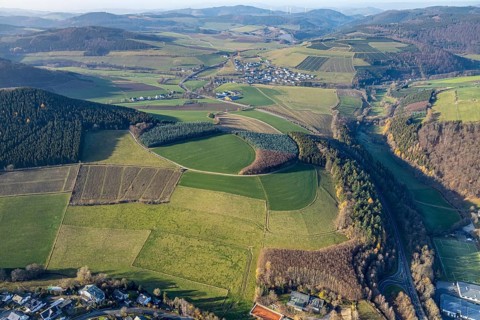 Aerial view, meadows and forest pattern near Bödefeld, Westernbödefeld, Schmallenberg, Sauerland,