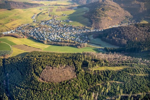 Aerial view, hilltop, forest damage, local view Bödefeld, Westernbödefeld, Schmallenberg,