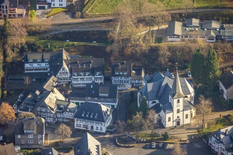 Aerial view, catholic church St. Cosmas and Damian, Landhotel Albers, half-timbered houses,
