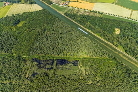 Aerial photograph, forest damage, Venner Moor nature reserve, ship on the Dortmund-Ems Canal,