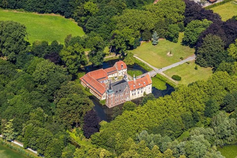 Aerial view, Schloss Senden, moated castle, Senden, Münsterland, North Rhine-Westphalia, Germany,