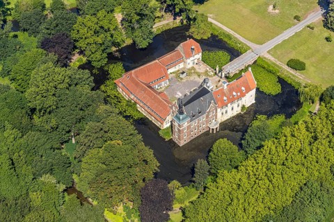 Aerial view, Schloss Senden, moated castle, Senden, Münsterland, North Rhine-Westphalia, Germany,