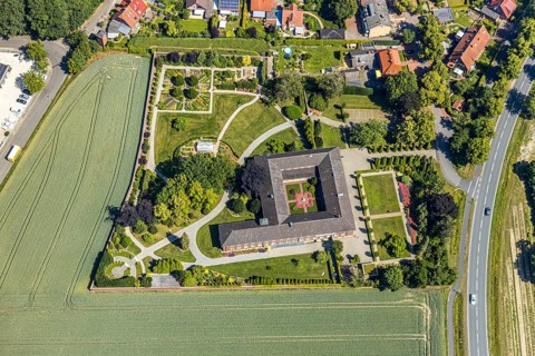 Aerial view, St. Clare Capuchin Monastery, monastery garden, Senden, Münsterland, North