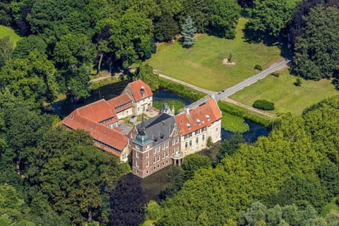 Aerial view, Schloss Senden, moated castle, Senden, Münsterland, North Rhine-Westphalia, Germany,