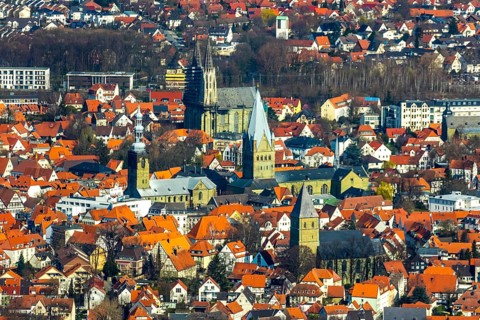 Aerial view, city centre view, old town, protestant church Sankt Maria zur Wiese, St. Petri Alde