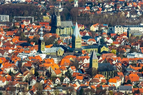 Aerial view, city centre view, old town, protestant church Sankt Maria zur Wiese, St. Petri Alde
