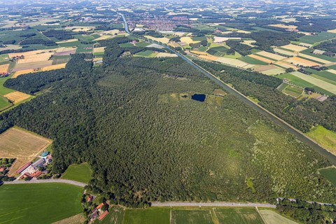 Aerial view, nature reserve Venner Moor, Dortmund-Ems-Canal, lake, local view, Senden, Münsterland,