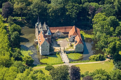 Aerial view, Schloss Senden, moated castle, Senden, Münsterland, North Rhine-Westphalia, Germany,