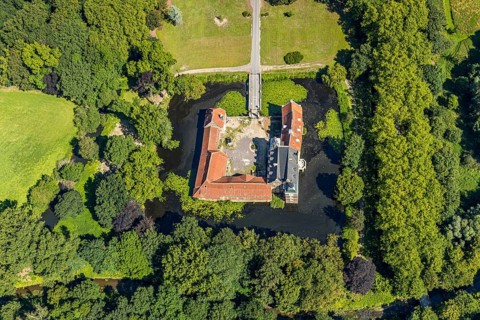 Aerial view, Schloss Senden, moated castle, Senden, Münsterland, North Rhine-Westphalia, Germany,