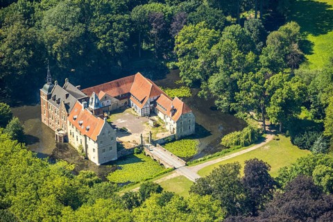 Aerial view, Schloss Senden, moated castle, Senden, Münsterland, North Rhine-Westphalia, Germany,