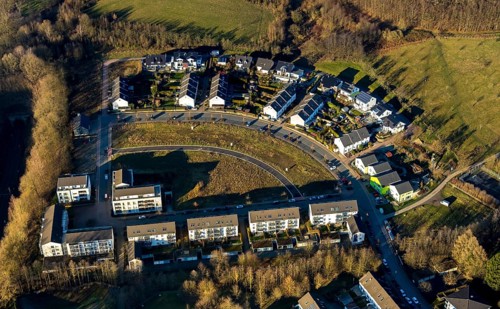 Aerial view, new residential area Brunnen, An der Obstwiese, Am Brunnenhof, Schwelm, Ruhr area,