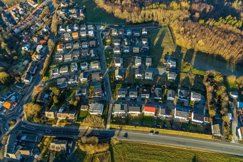 Aerial view, new development area Winterberger Straße, Am Waldrand, Schwelm, Ruhr area, North