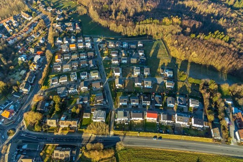 Aerial view, new development area Winterberger Straße, Am Waldrand, Schwelm, Ruhr area, North