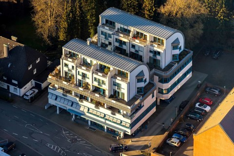 Aerial view, apartment building, business premises, Gerichtstraße 5, next to the district court,