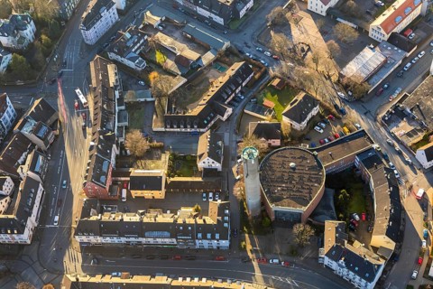 Aerial view, city centre view, catholic church Propstei St. Marien, Schwelm, Ruhr area, North
