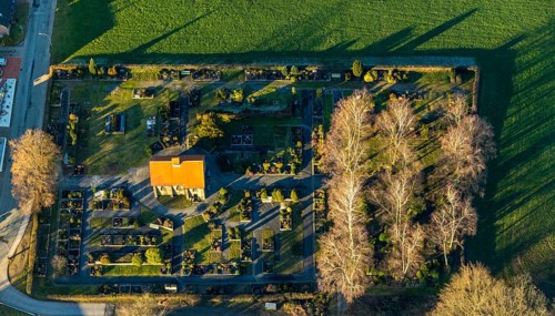 Aerial view, Linderhausen mourning hall and cemetery, Linderhausen, Schwelm, Ruhr area, North