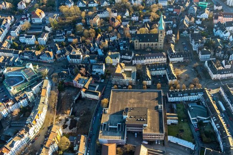Aerial view, city centre view, shopping centre, Städtische Sparkasse zu Schwelm, renovation