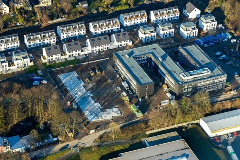 Aerial view, new building of the district administration for job centre EN and foreigners office,