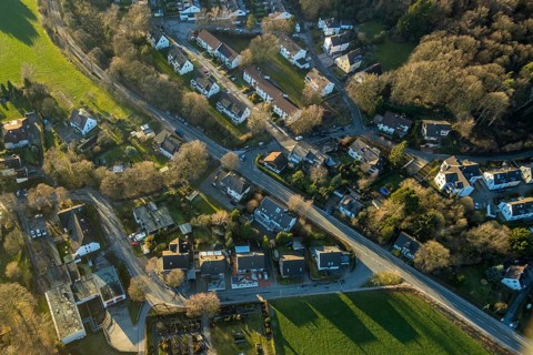 Aerial view, local view Linderhausen, volunteer fire brigade fire brigade Linderhausen, DRK