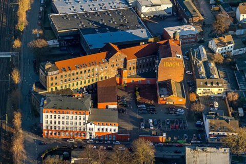 Aerial view, industrial building Kulturfabrik Ibach-Haus, Wilhelmstraße, Schwelm, Ruhr area, North