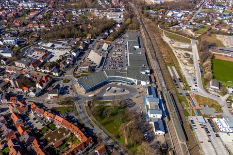 Aerial view, Soest railway station, City Center shopping centre, Am Bahnhof, Soest, Soester Börde,