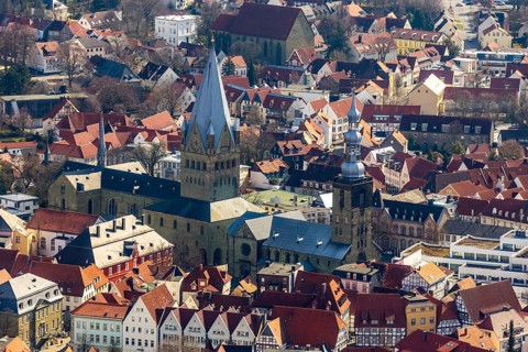 Aerial view, city centre view, old town, St. Petri Alde Kerke, St. Patrokli Cathedral, Soest,