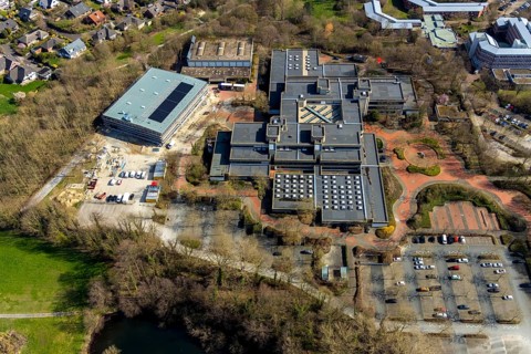 Aerial view, Börde-Berufskolleg, construction site, new sports hall, Soest, Soester Börde, North