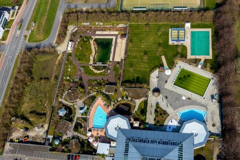 Aerial view, AquaFun, AquaSpa, sauna world and bathing world, Soest, Soester Börde, North