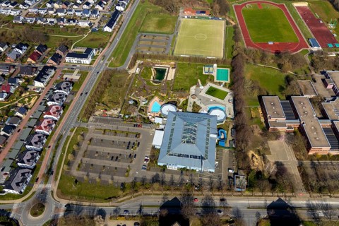 Aerial view, AquaFun, AquaSpa, sauna world and bathing world, Soest, Soester Börde, North